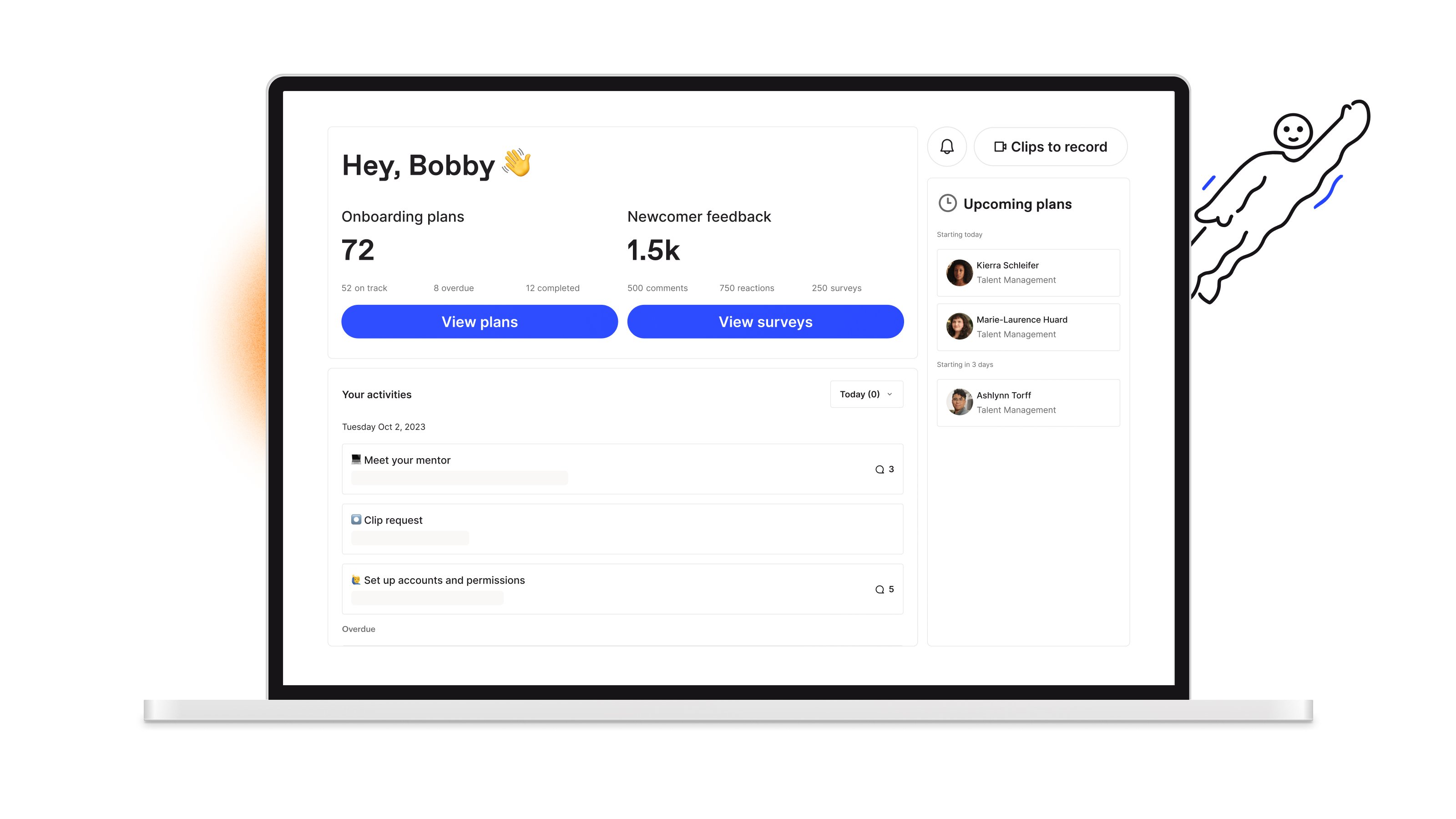 Onboarding dashboard showing the current and upcoming plans, activities to do, and quick links to view surveys and record clips.