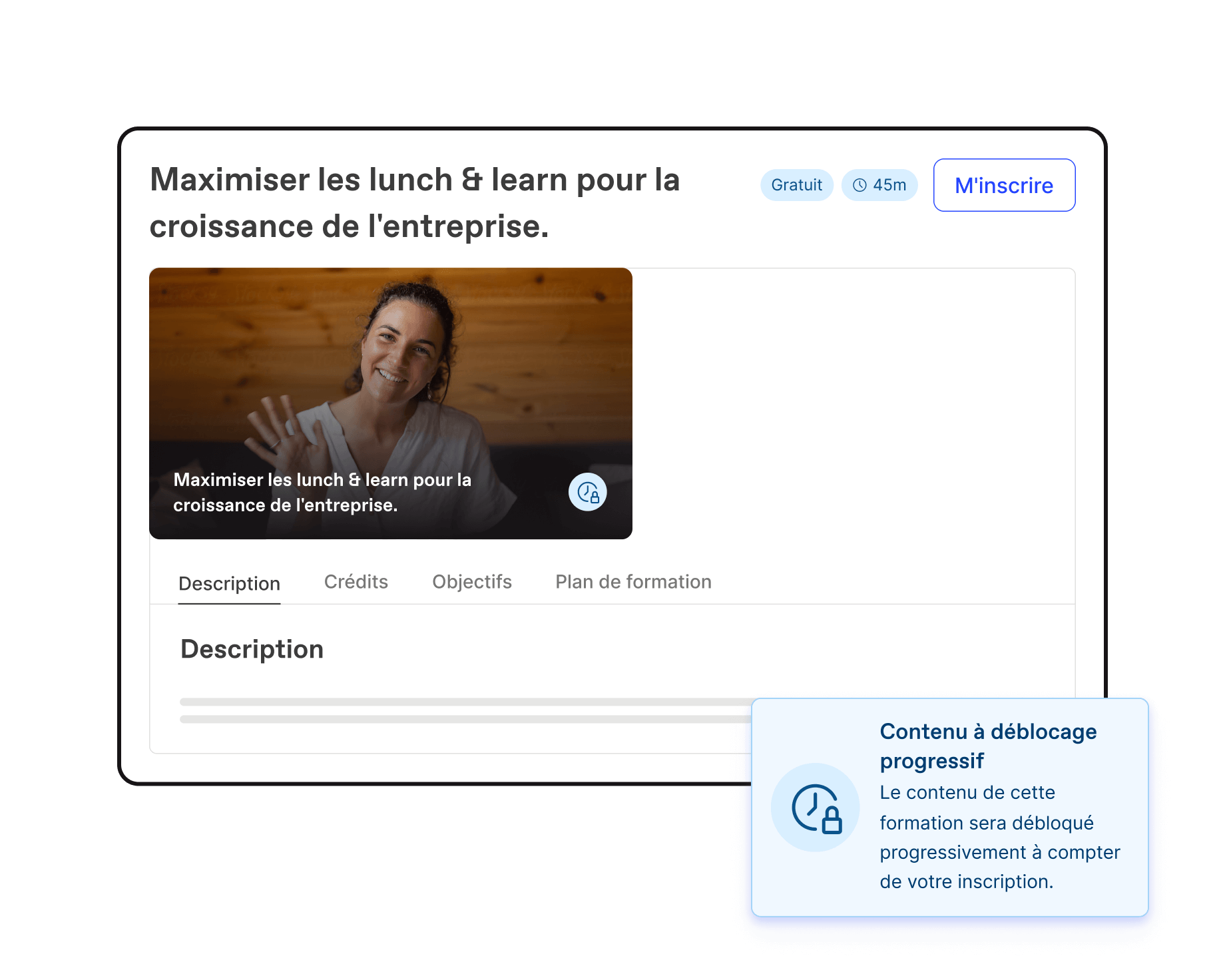Page de description d'une formation dans Workleap LMS montrant que l'option de déblocage progressif du contenu est activée.