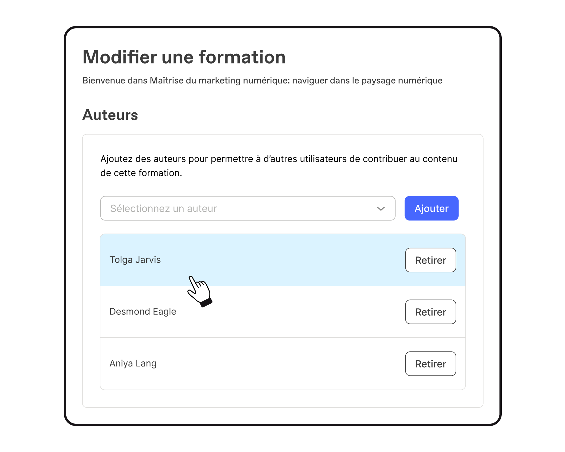 Ajout d'auteurs à une formation dans Workleap LMS pour permettre à d'autres utilisateurs de contribuer à son contenu.