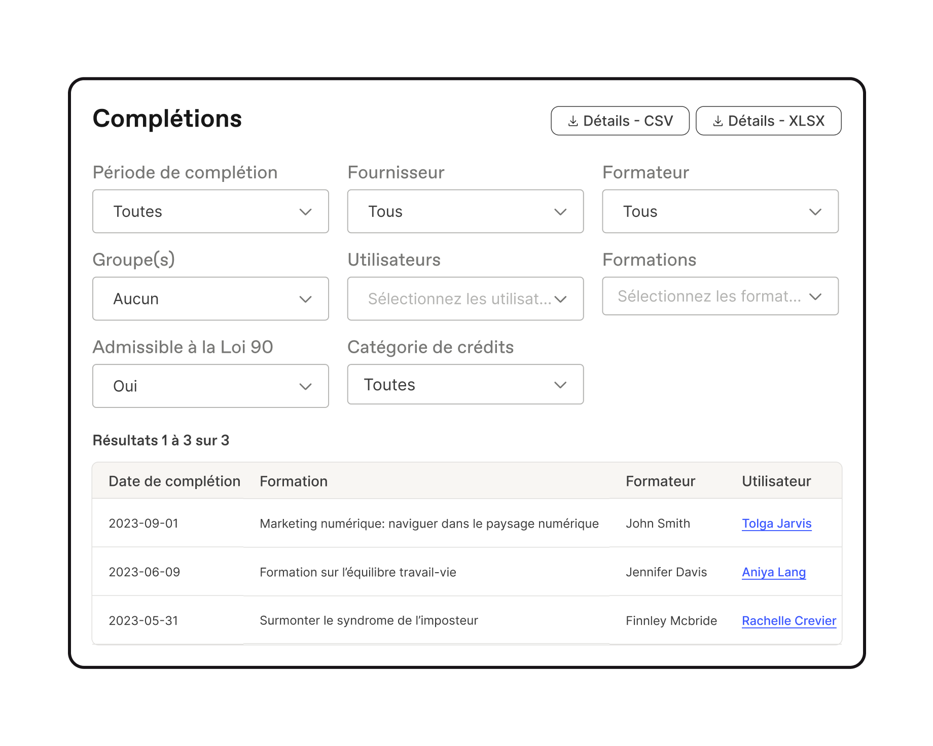 Filtrage du rapport d'inscriptions complétées de Workleap LMS pour afficher celles éligibles à la loi 90 pour la période choisie.