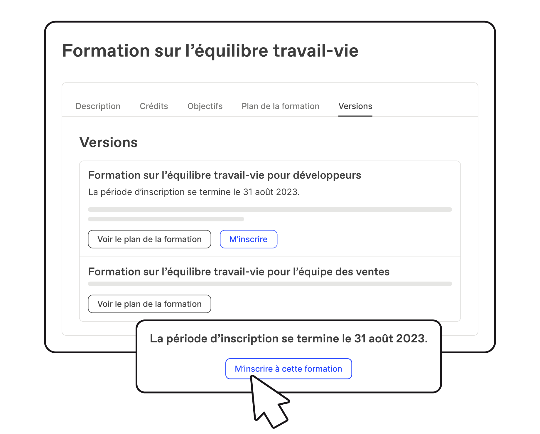 Configuration d'une période d'inscription à une formation dans Workleap LMS via l'onglet Versions de l'interface d'édition.