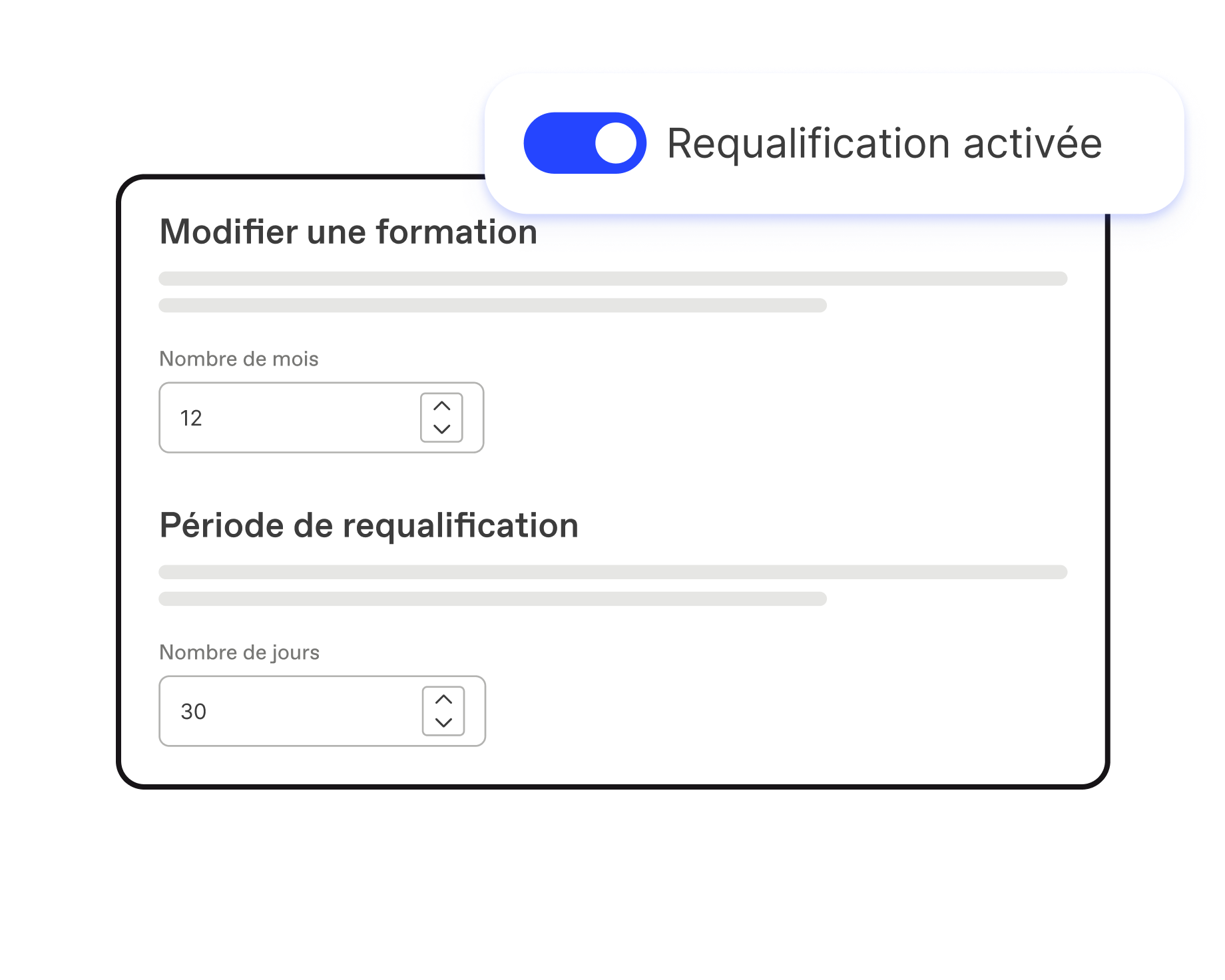 Activation d'un cycle de requalification dans Workleap LMS en définissant la durée de validité de la formation et la période.