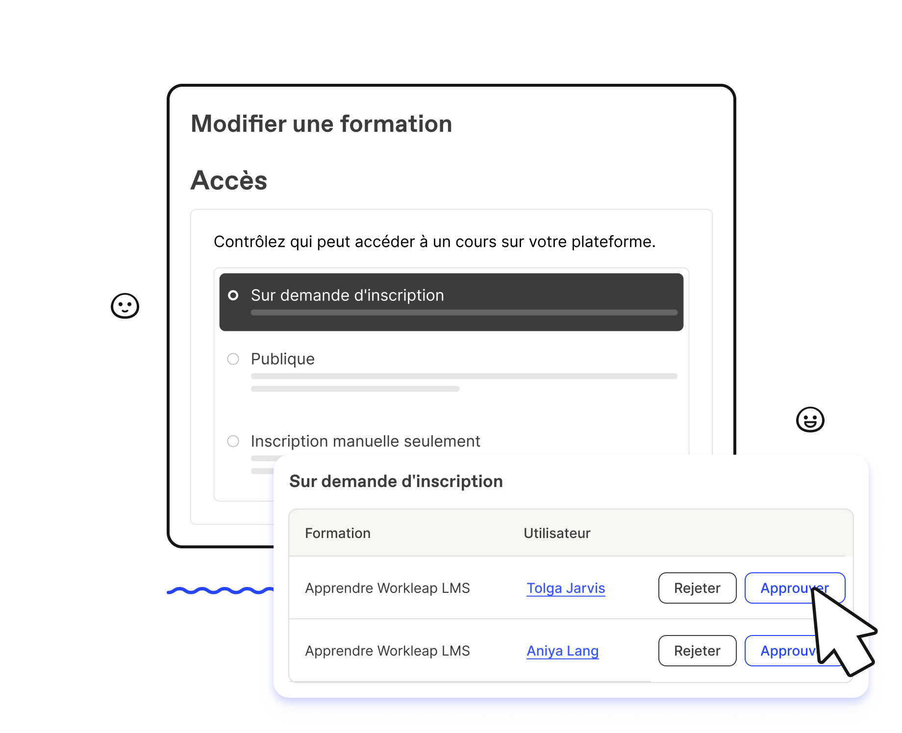 Gestion des demandes d'inscription dans Workleap LMS pour approuver ou rejeter l'accès à un cours pour un utilisateur spécifique.