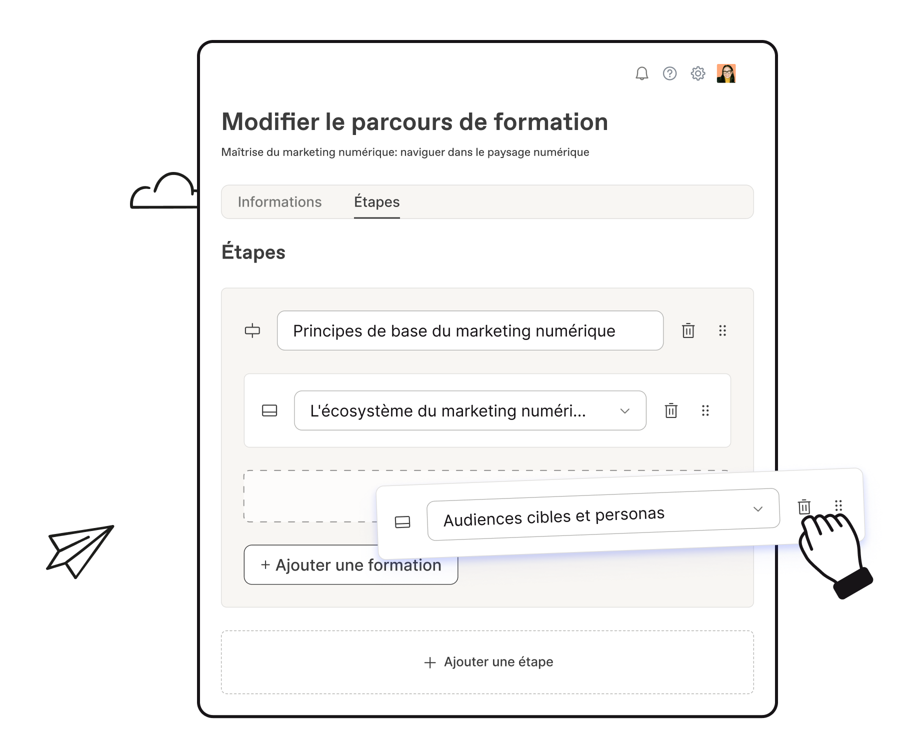 Modification d'un parcours d'apprentissage dans Workleap LMS en créant des étapes et en insérant des formations existantes.