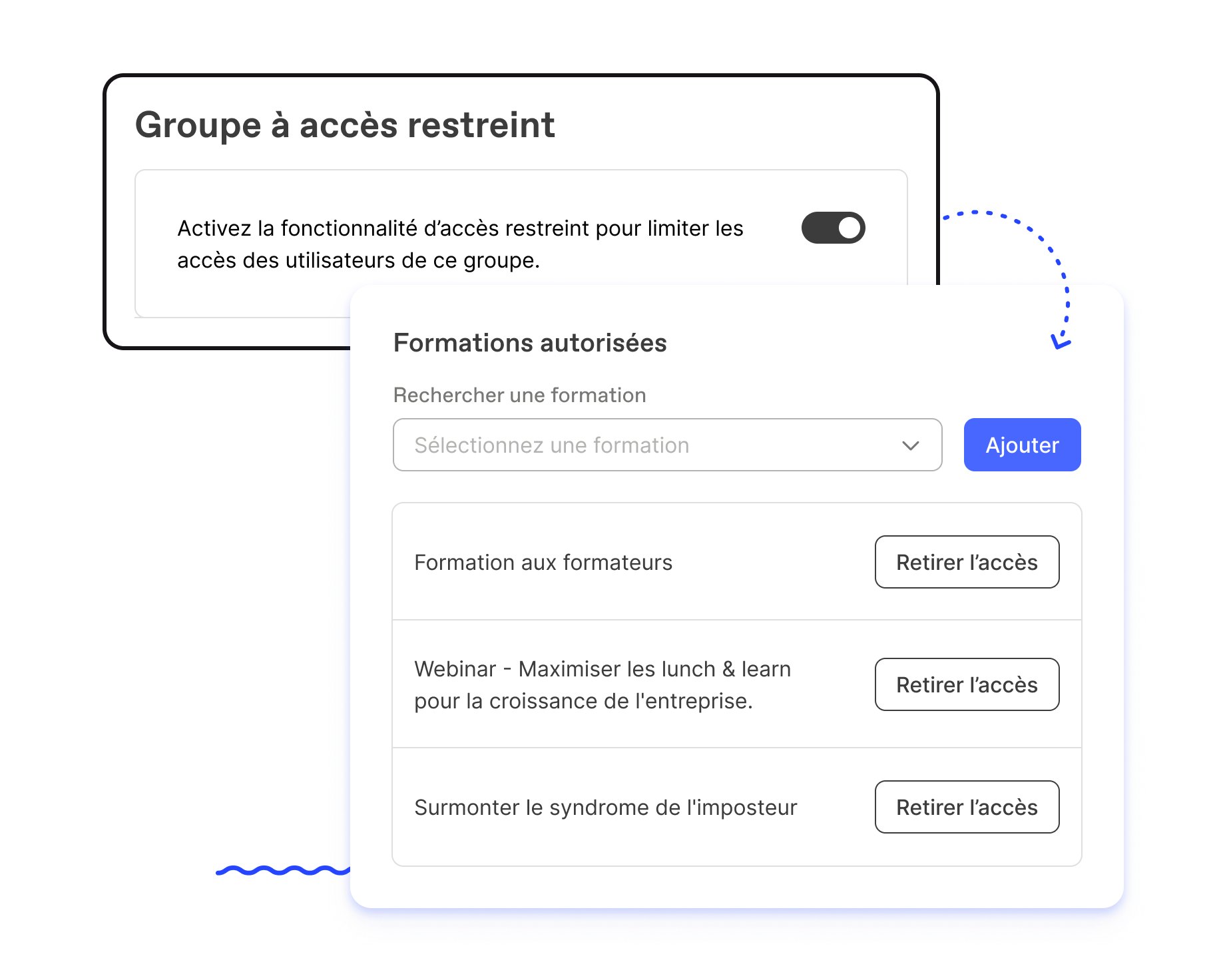 Fonctionnalité de groupe à accès restreint sur Workleap LMS qui permet au groupe d'accéder à une liste limitée de formations.