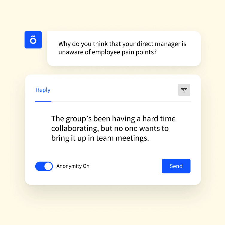 Officevibe feedback feature, showing a feedback interaction between a team member and manager, about pain points