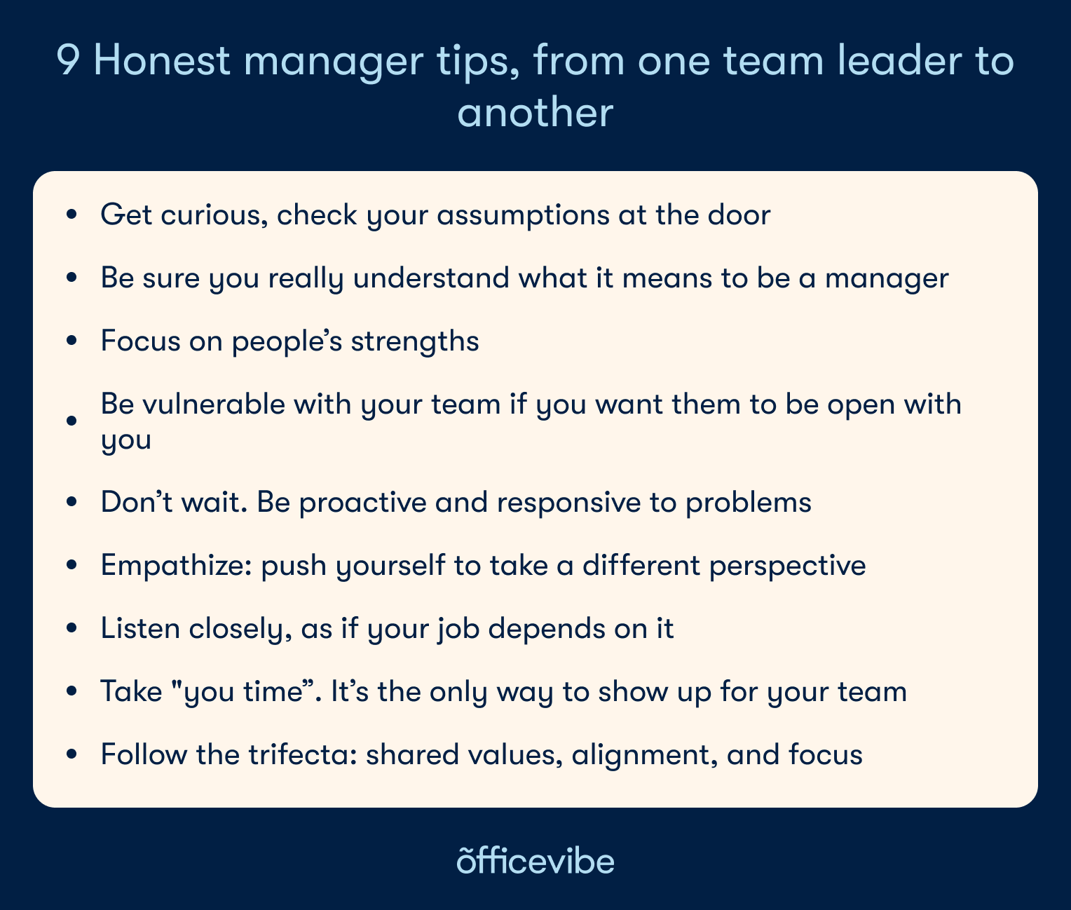 Box with key points of the article: check your assumptions, understand what it means to be a manager, be vulnerable, be proactive, take time for yourself too, empathize, listen closely