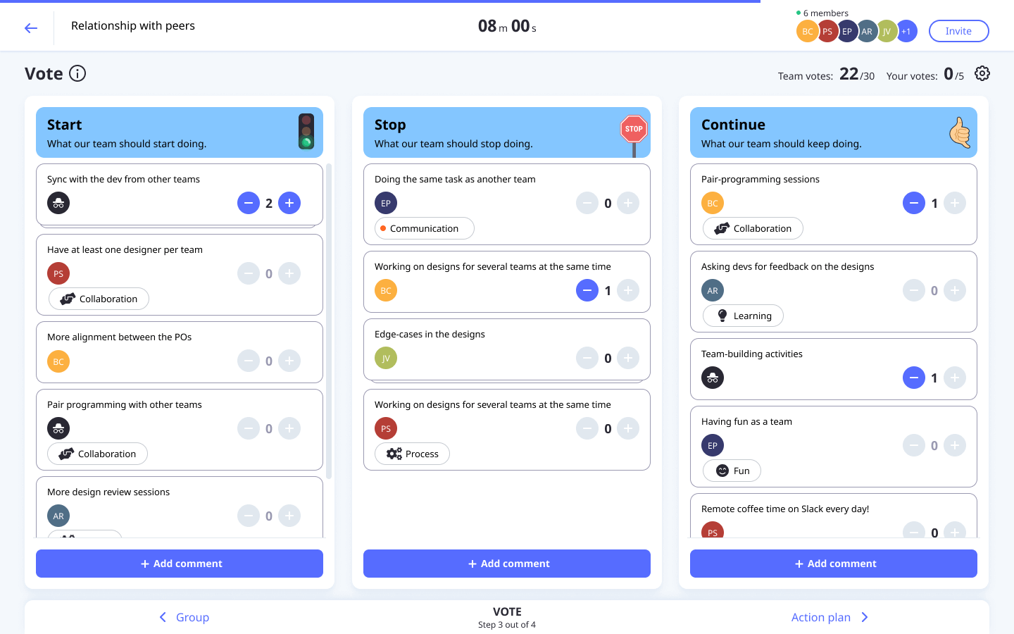 Screenshot of a Neatro board with the columns Start, Stop, and Continue