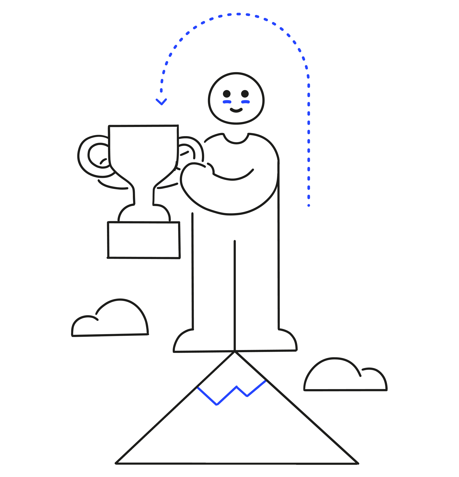 Un personnage au somment d'une montagne tient fièrement un trophée.