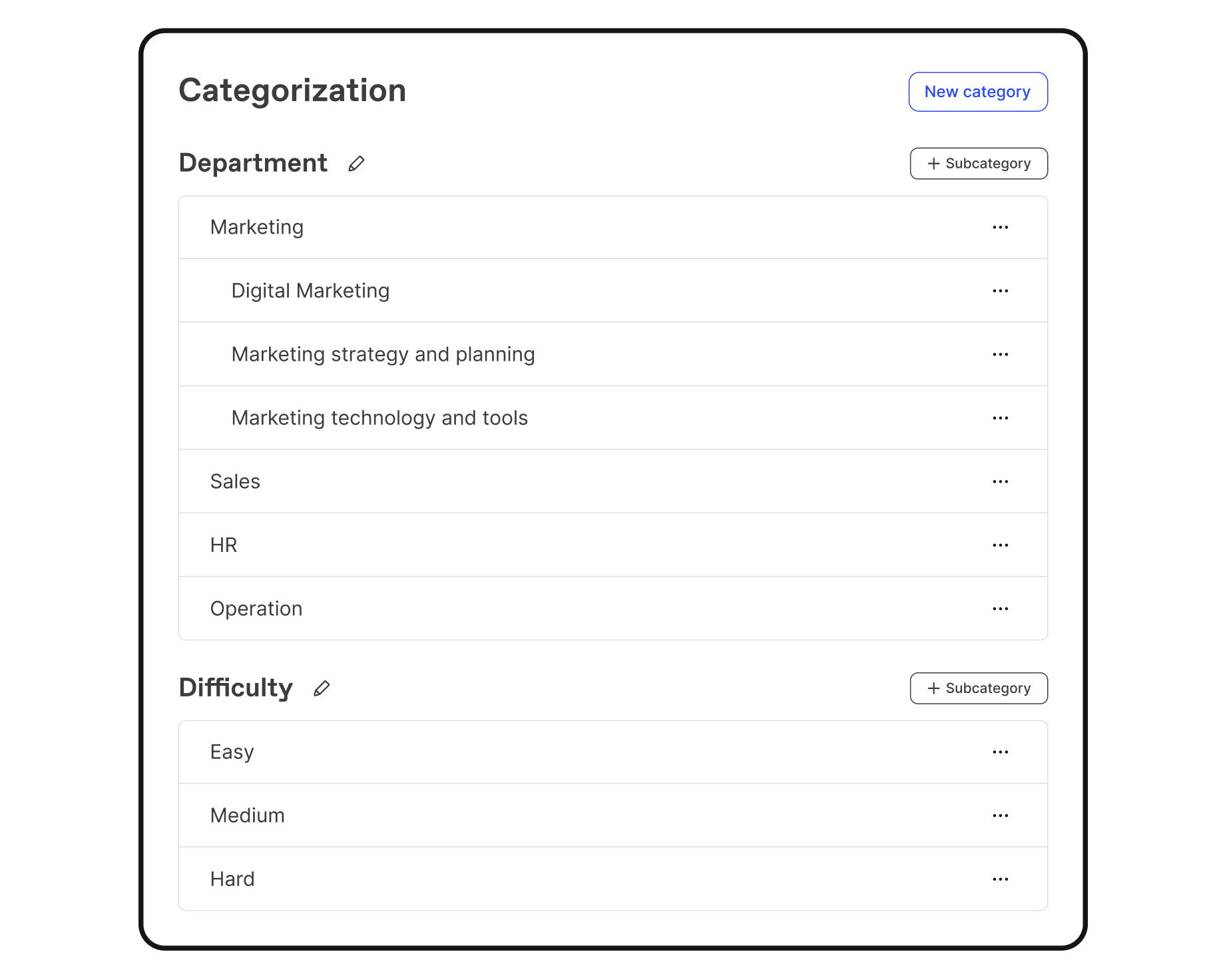 Creation of categories and subcategories in Workleap LMS to classify courses by departments, difficulty levels and more.