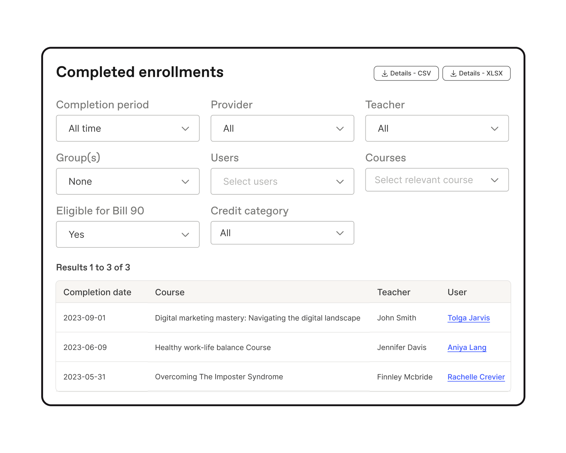 Filtering Workleap LMS completed enrollments report to showcase only courses eligible for Bill 90 within the selected period.