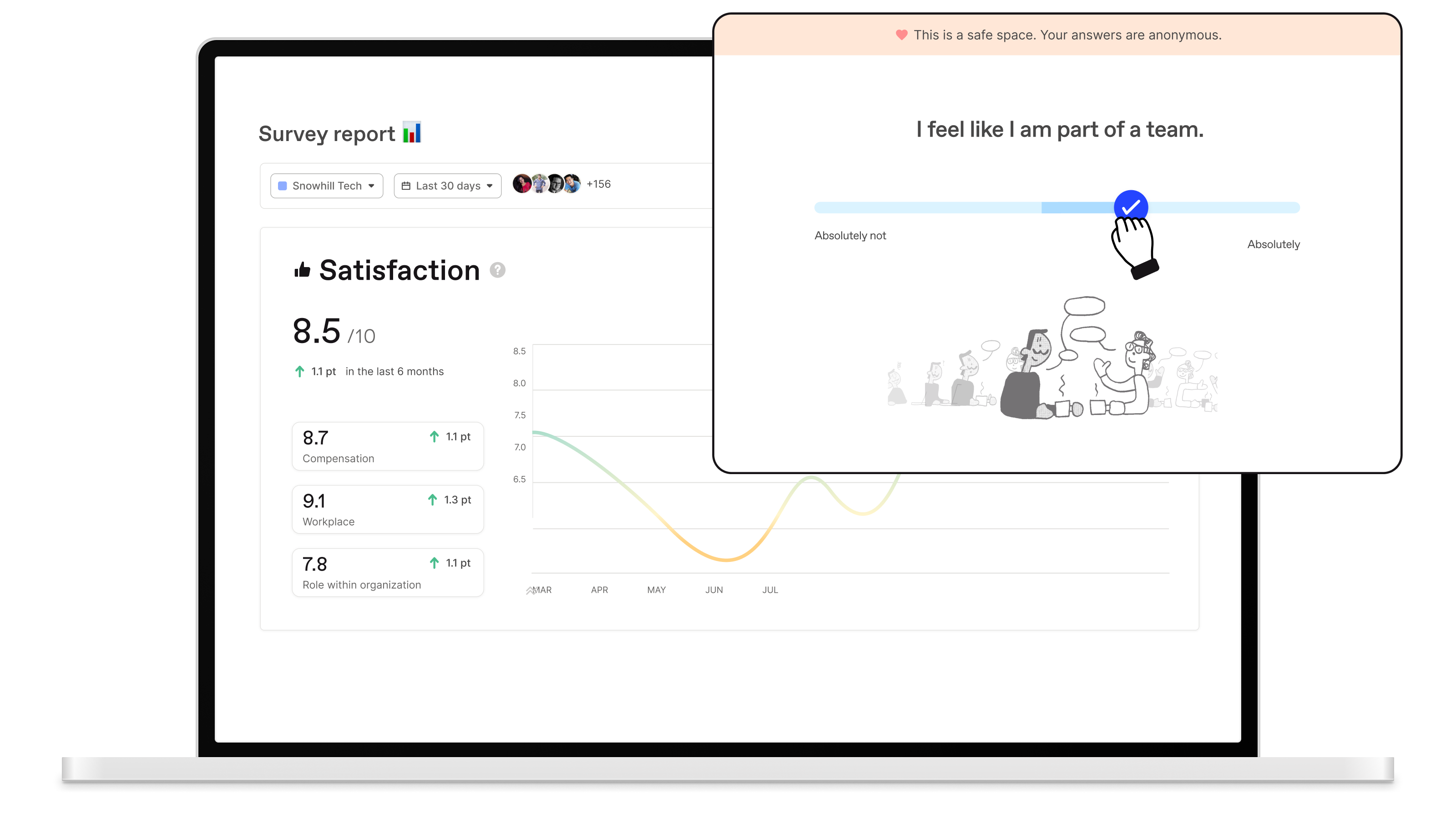 UI interface of Officevibe's Pulse Survey feature with a cursor answering a question.