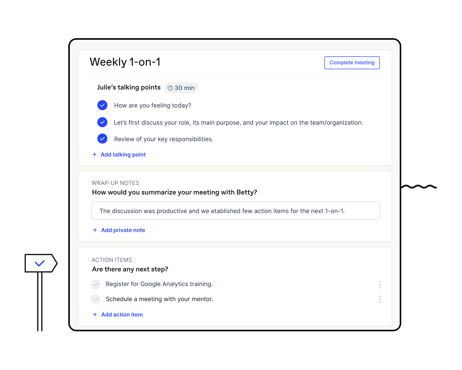 Officevibe's 1-on-1 summary page with checked talking points, wrap-up notes and action items to take before the next meeting.