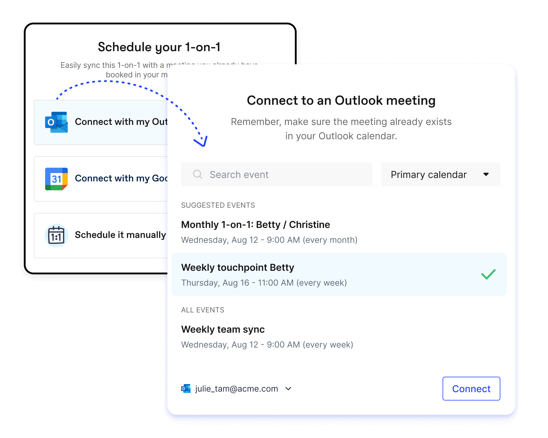 Calendar integration tool under the Workleap Officevibe tool available under the one-on-one meeting feature.