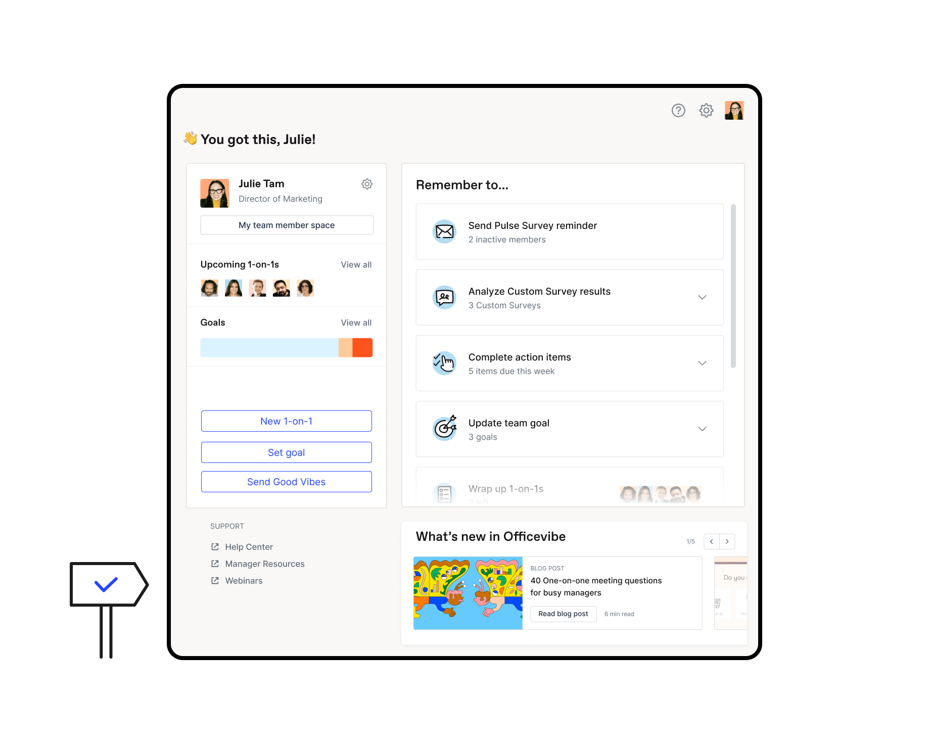 Officevibe manager hub showing a manager's upcoming 1-on1's, goals, reminders, to-do list and news of interest.
