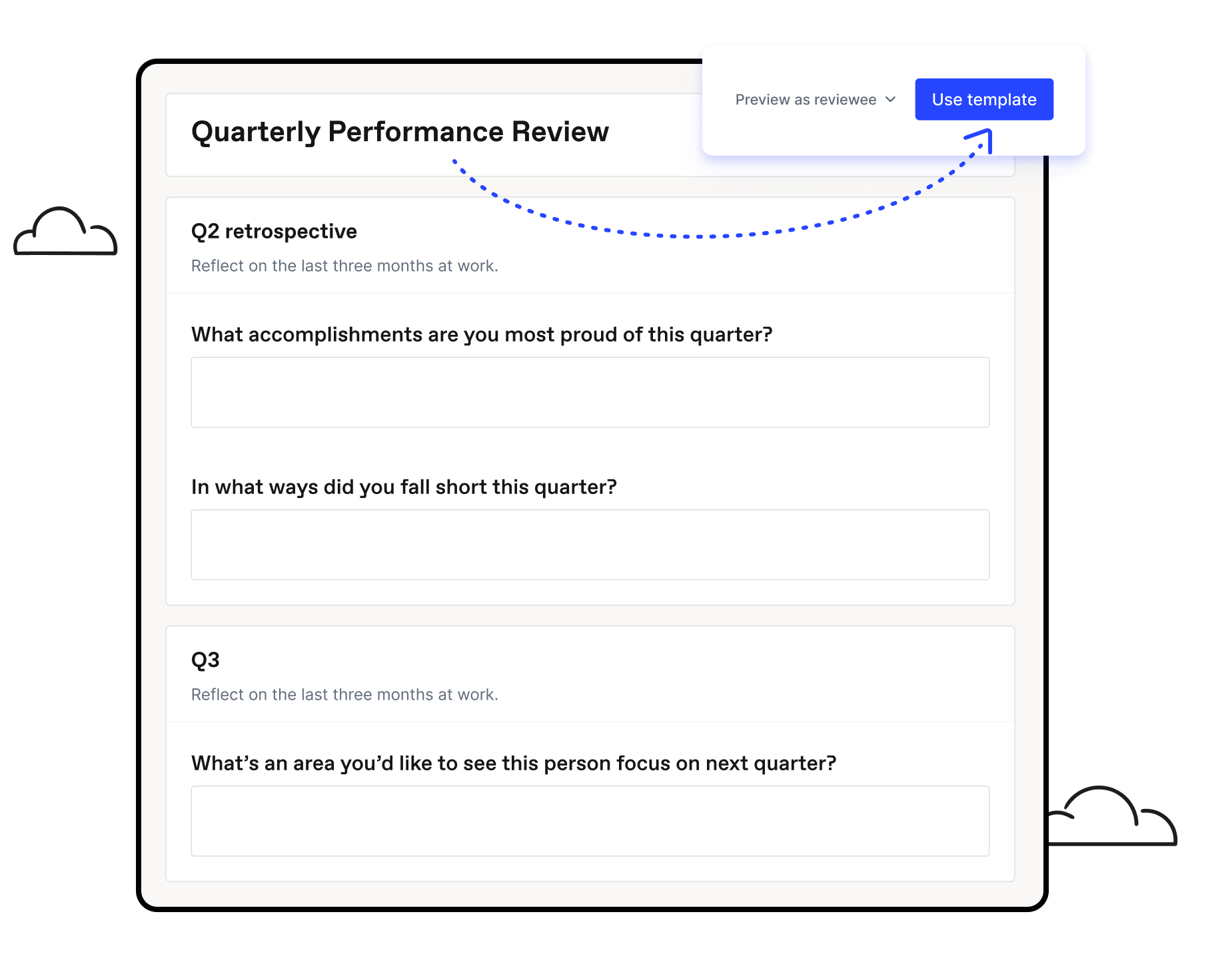 Officevibe’s quarterly performance review template, covering accomplishments, obstacles and upcoming focus areas.