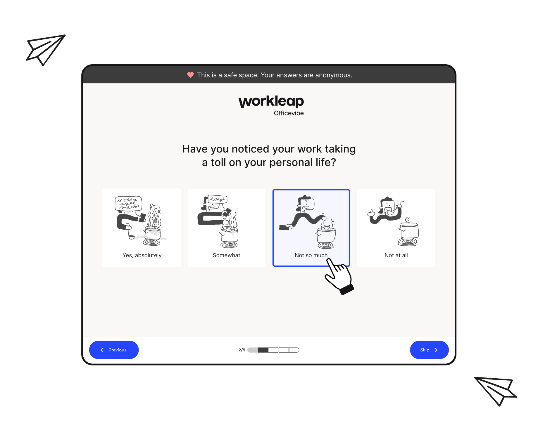 Officevibe anonymous pulse survey asking the employee to pick an image that describes their work-life balance.