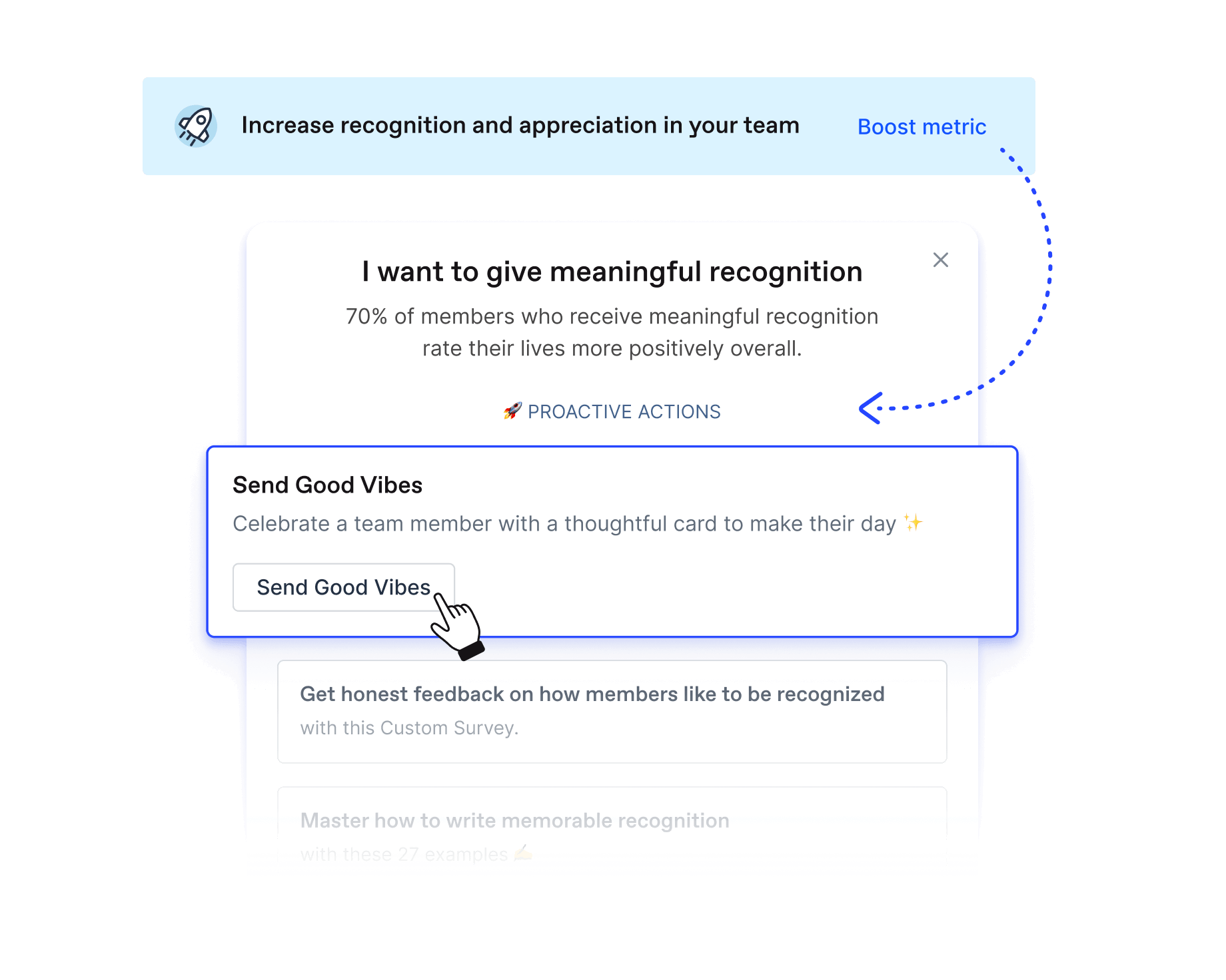 Proactive actions suggested by Officevibe to boost the recognition and appreciation metric score, such as sending Good Vibes.