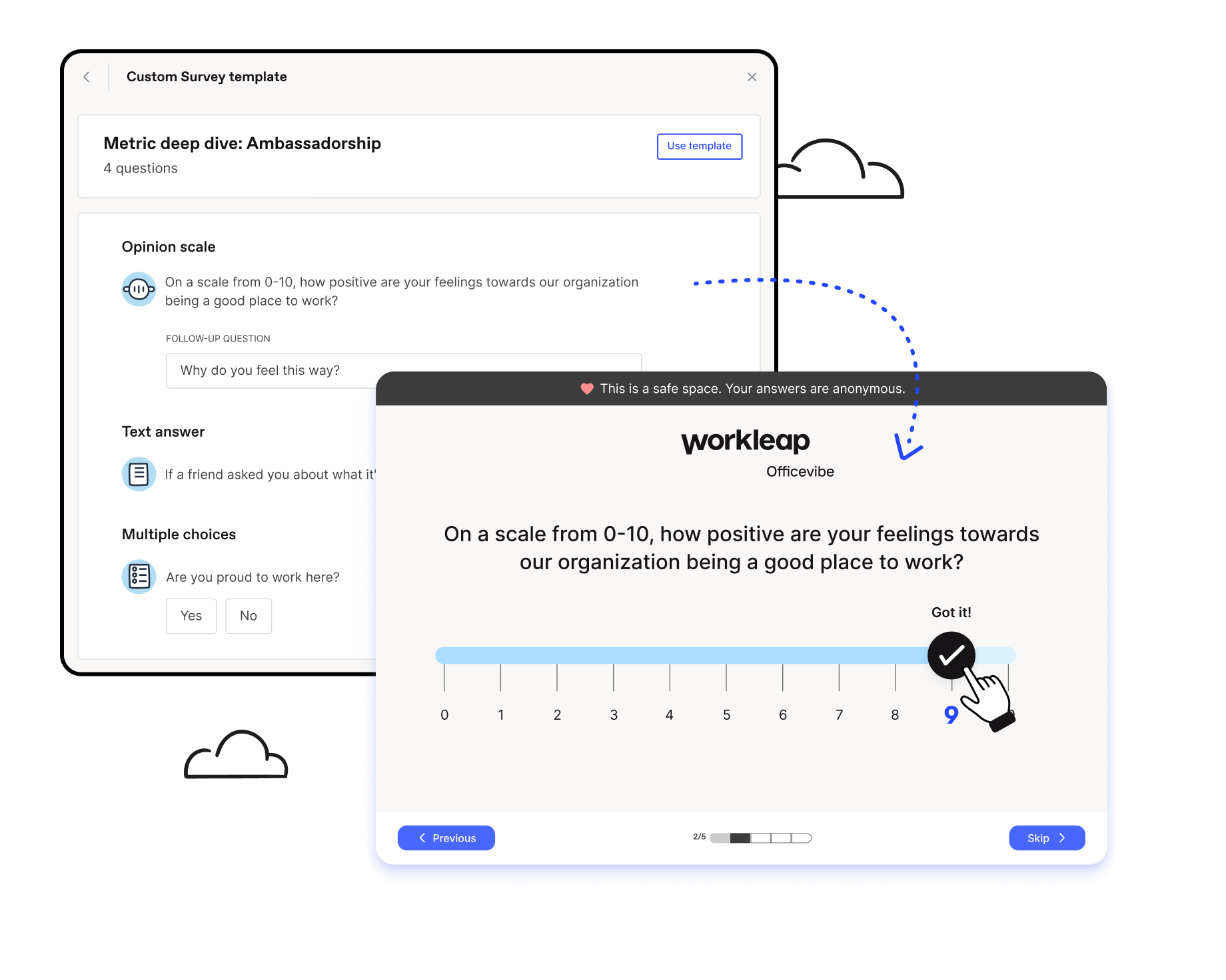 Officevibe custom survey template editing page to manage and preview questions such as scales, texts and multiple choices.