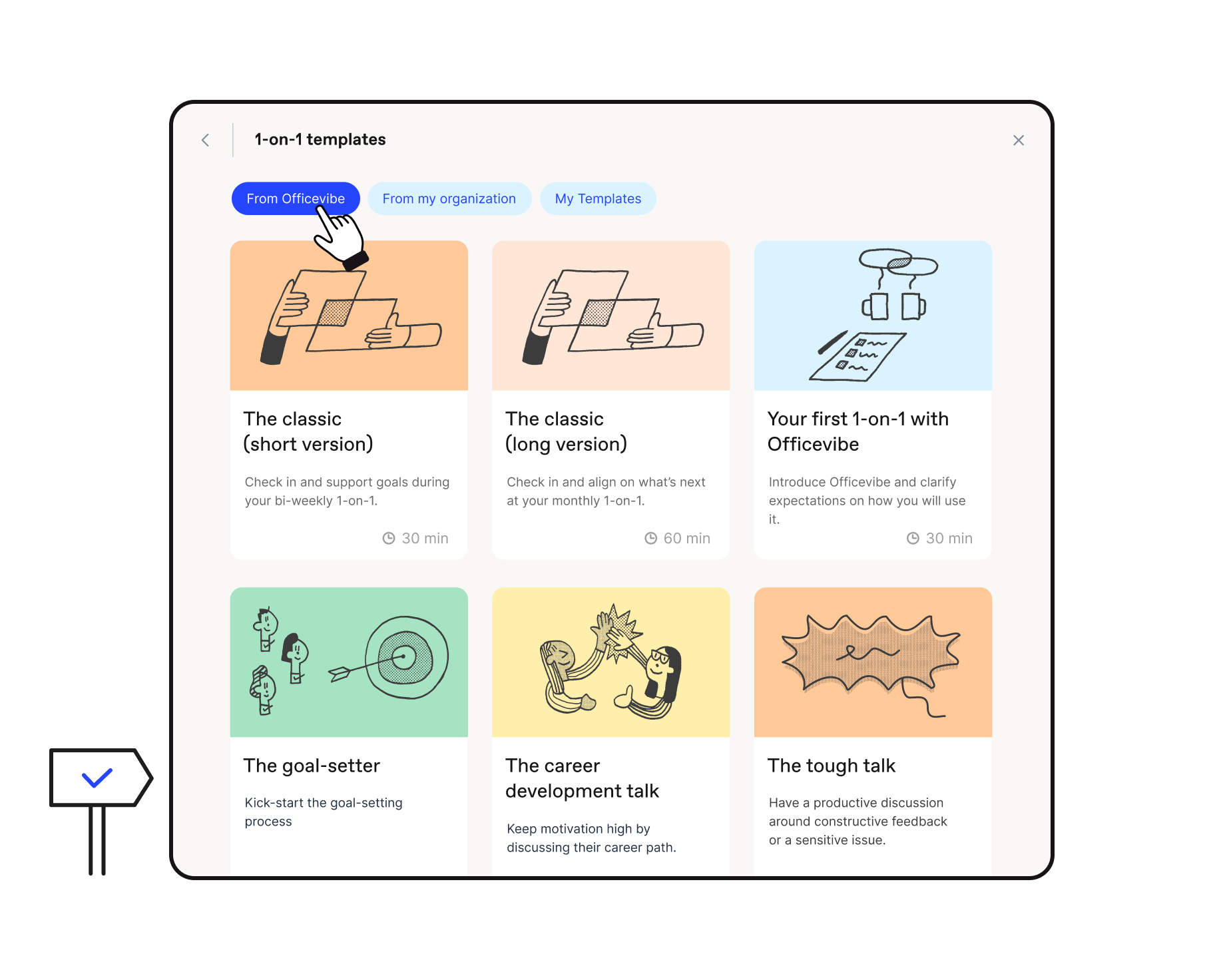 List of Officevibe 1-on-1 templates to filter, preview, use and create 1-on-1 meeting templates.
