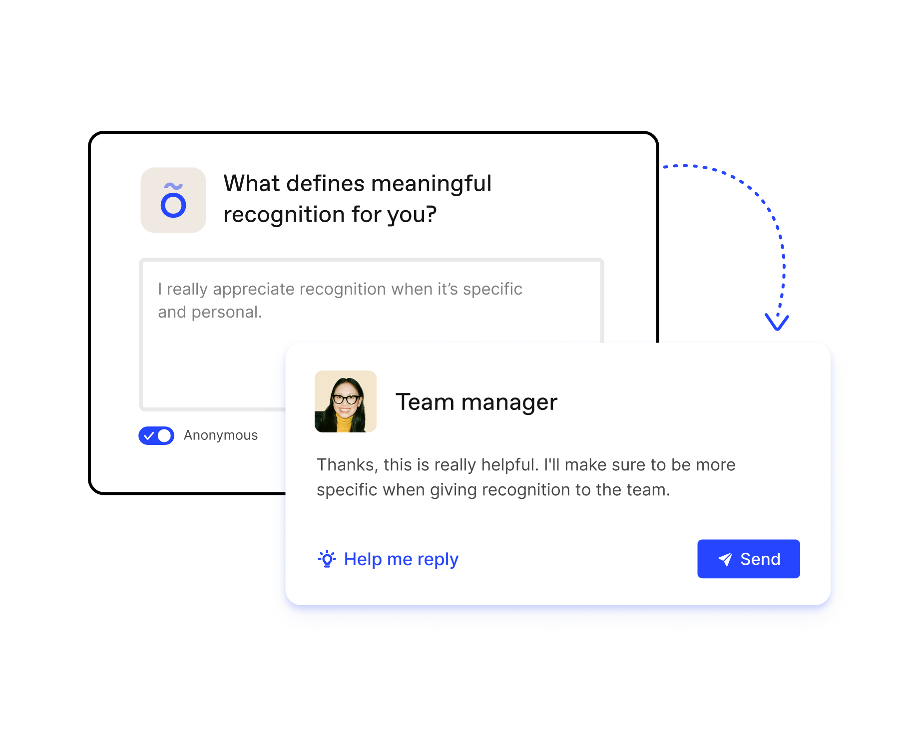 A manager responding to feedback received by an employee via the Workleap Officevibe tool.