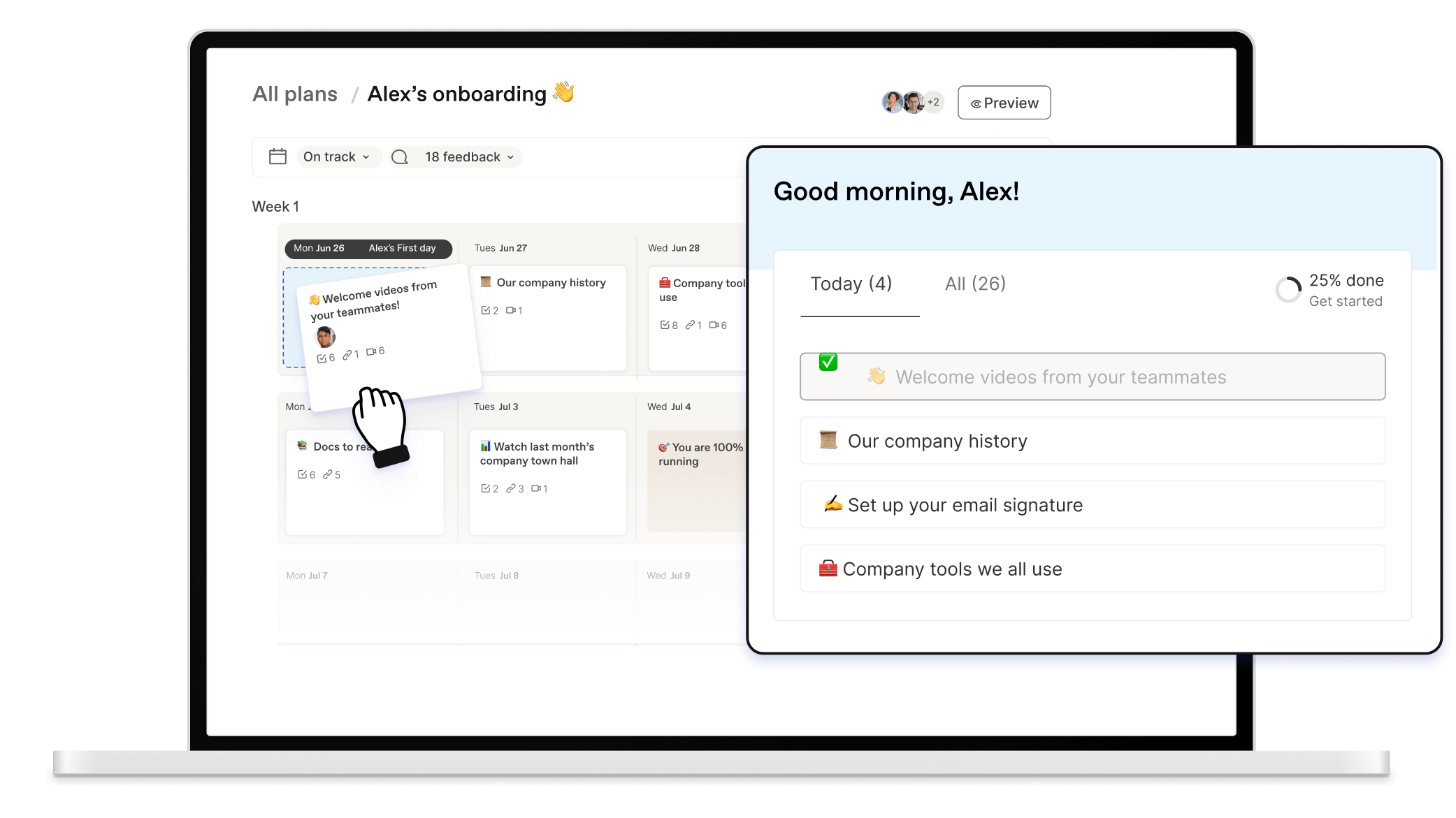 Workleap's Onboarding software dashboard : Task flexibility demonstrated, allowing seamless customization and rearrangement of onboarding plan.