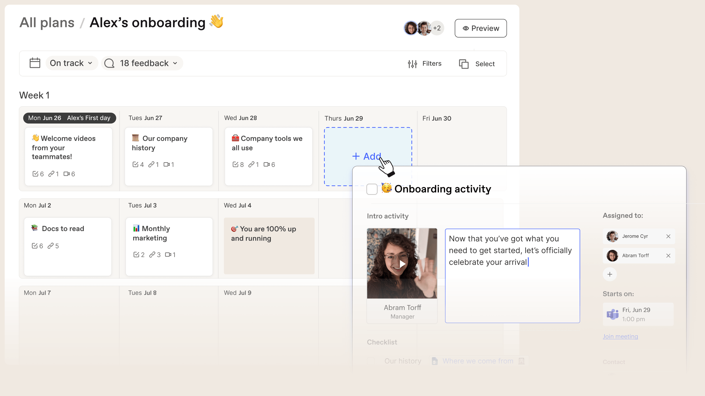 Tableau de bord de Workleap pour l'onboarding montrant une vue d'ensemble du calendrier d'onboarding et une vue détaillée d'une activité