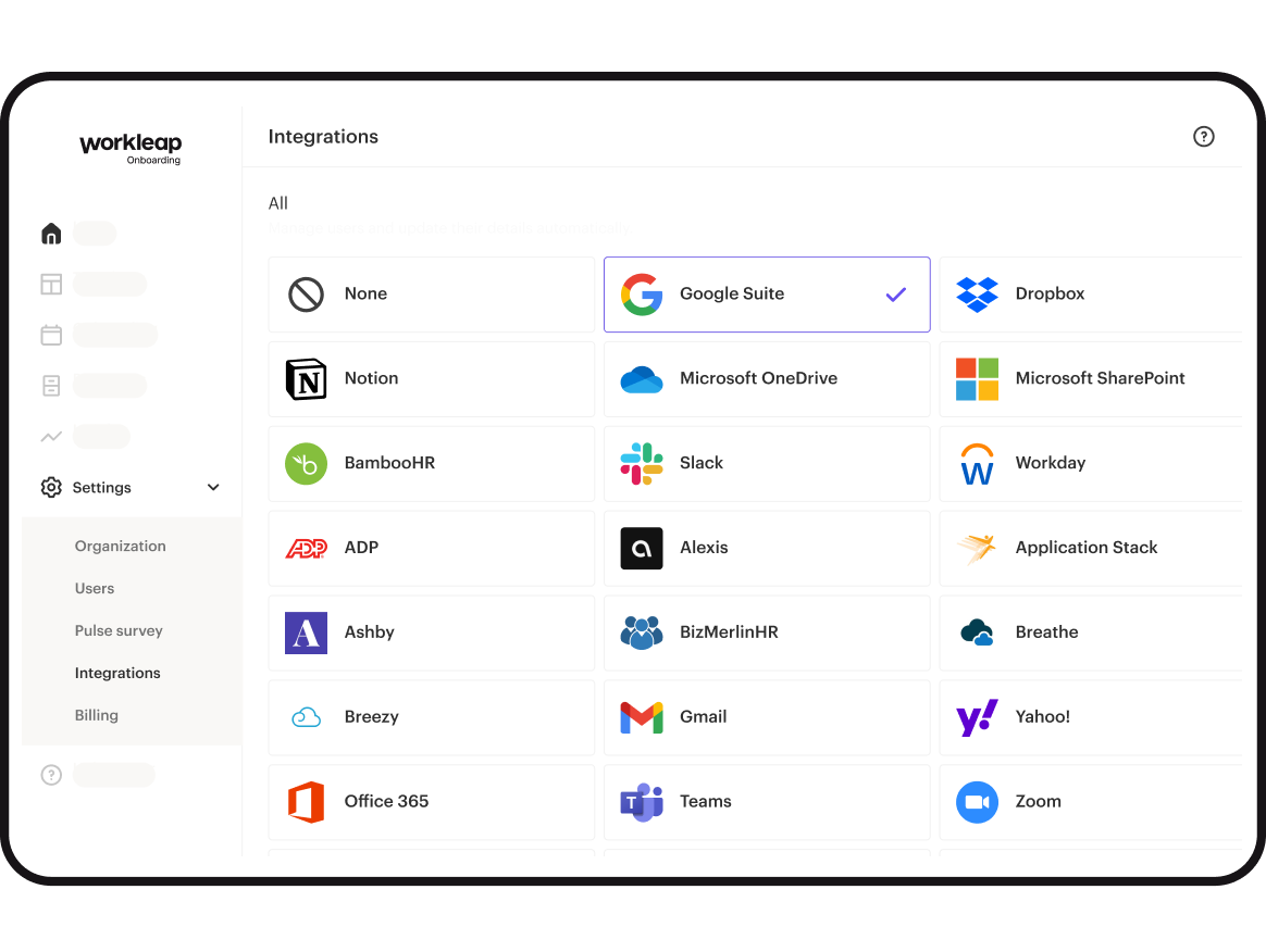 list of integrations available in Workleap Onboarding