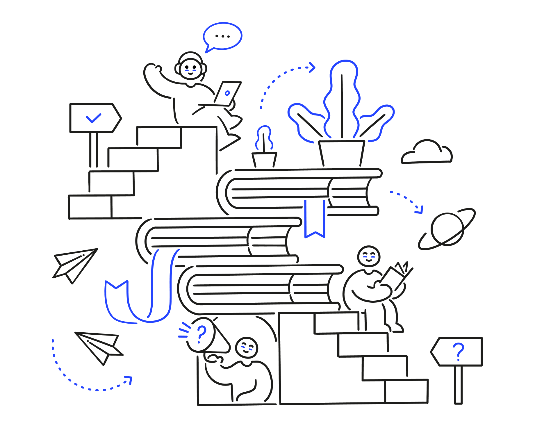 Illustration of three characters that evokes the employee experience and professional development.