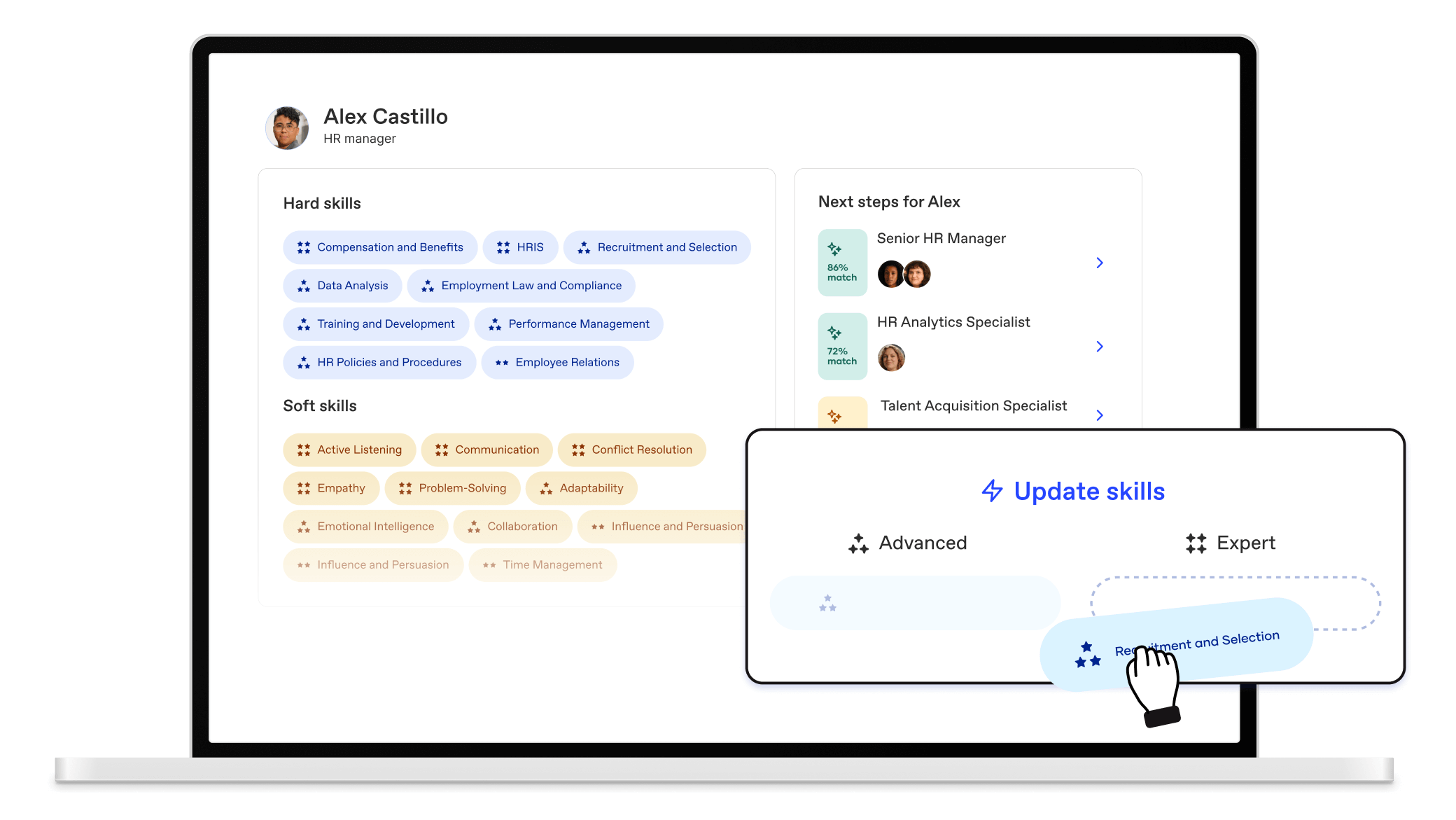 Workleap Skills dashboard for talent management: Shows hard and soft skills for John, HR Manager. Update select skills from advanced to expert.